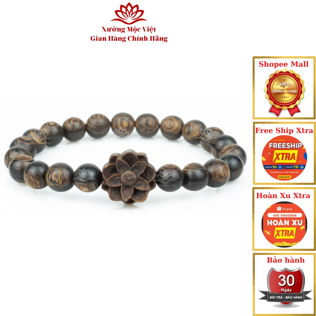 Vòng Tay Trầm Hương Hạt Tròn Mix Charm Hoa Sen - Trầm Sánh Chìm Cao Cấp Xưởng Mộc Việt