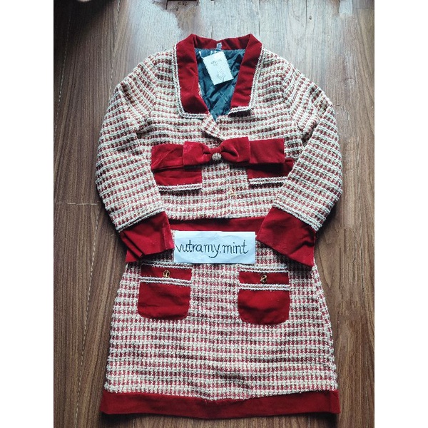 Set Dạ Tweed Kẻ Đỏ Hàng Quảng Châu Cao Cấp Dày Dặn May Sợi Kim Tuyến Lấp Lánh Kèm Nơ