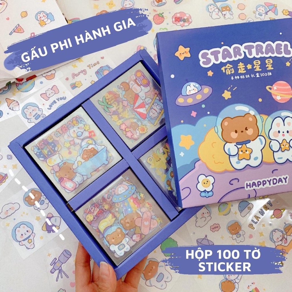 Sticker dán gấu phi hành gia dễ thương trang trí bình nước, điện thoại nhựa PET siêu dính chống nước