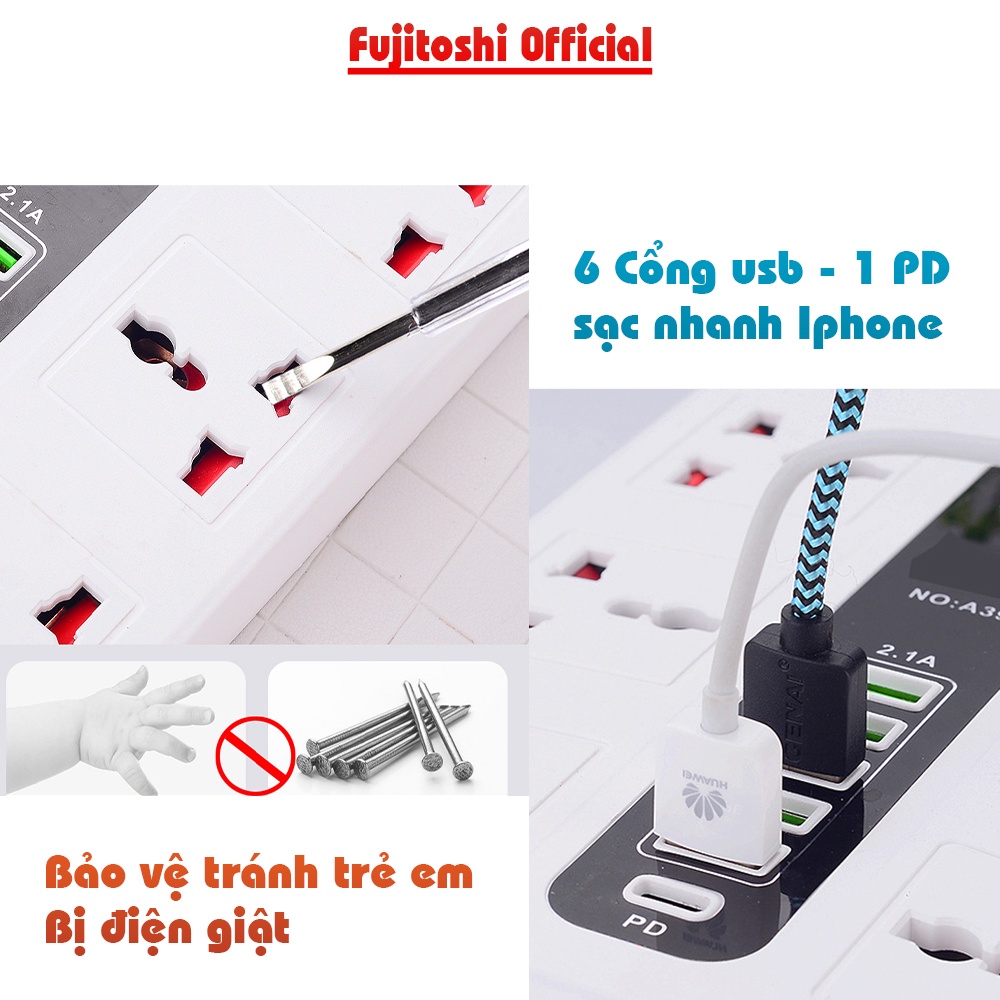 Ổ cắm điện Thông minh Fujitoshi K39 VÀ TG 03 Tích hợp 6 ổ cắm 6 cổng sạc 1 cổng sạc PD Chịu tải 2500w