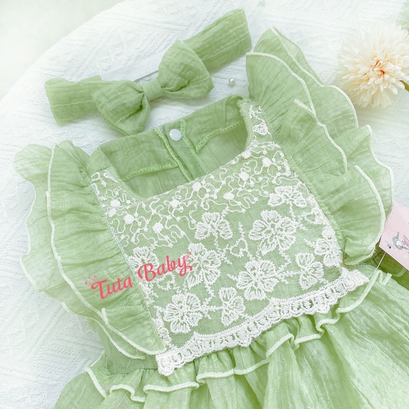 Bodysuit Cho Bé Gái Màu Xanh, Thiết Kế Ren Ngực Sang Chảnh, Body Cho Bé Kèm Turban