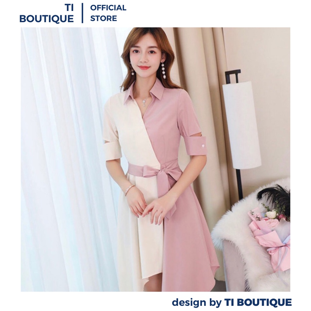 Đầm Somi Tay Lửng Kiểu Cách Hai Màu Tắng Hồng Thiết Kế Hiện Đại, Đầm Váy Nữ Dáng Ngắn Có Dây Thắt Nơ Eo