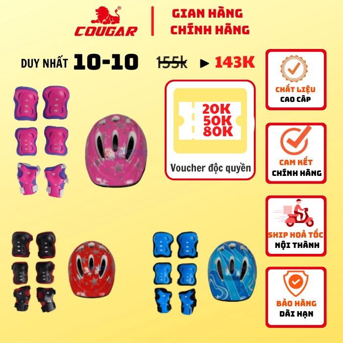 Combo Mũ Bảo Hiểm Và Bộ Bảo Hộ Trẻ Em Cougar Gồm 6 Món Bảo Vệ Đầu, Khuỷu Tay, Khuỷu Chân Cho Bé Khi Chơi Thể Thao