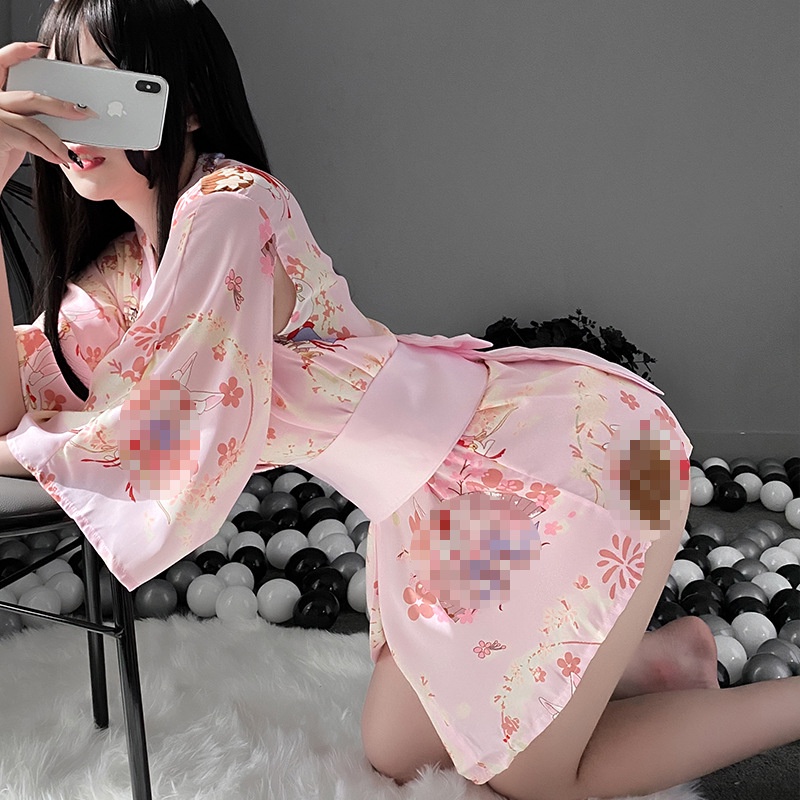 Bộ Đồ Ngủ Kimono Vải Voan Phối Ren Thắt Nơ Phong Cách Nhật Bản Gợi Cảm Cho Nữ YB5