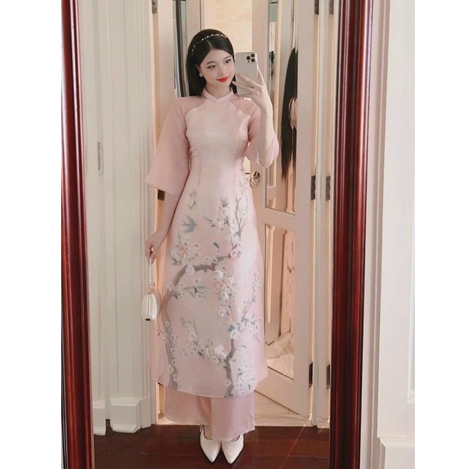 Áo dài cách tân nữ đính hoa hồng cao cấp chất liệu tơ organza - A23