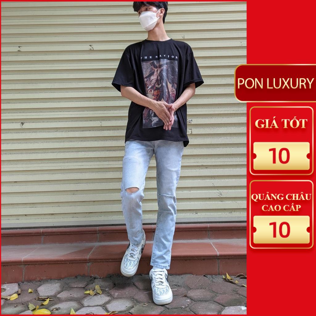Quần bò nam rách gối màu xanh ghi nhạt co giãn 4 chiều dáng slimfit VNXK Ponluxury