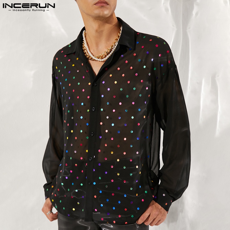 INCERUN Áo Sơ Mi Nam Dài Tay Cài Nút Họa Tiết Chấm Bi Thông Minh Trang Trọng