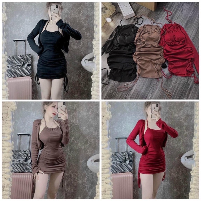 Set đầm body cổ yếm rút dây 2 bên và áo khoác croptop vải gân co giãn tốt
