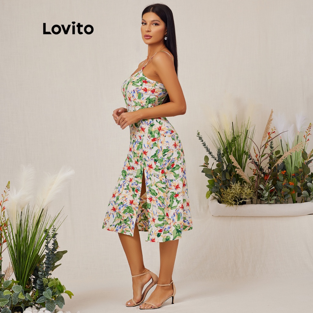Đầm Lovito xẻ tà hai dây mảnh họa tiết hoa phong cách mùa hè thường ngày L18D021 (Màu xanh lá)