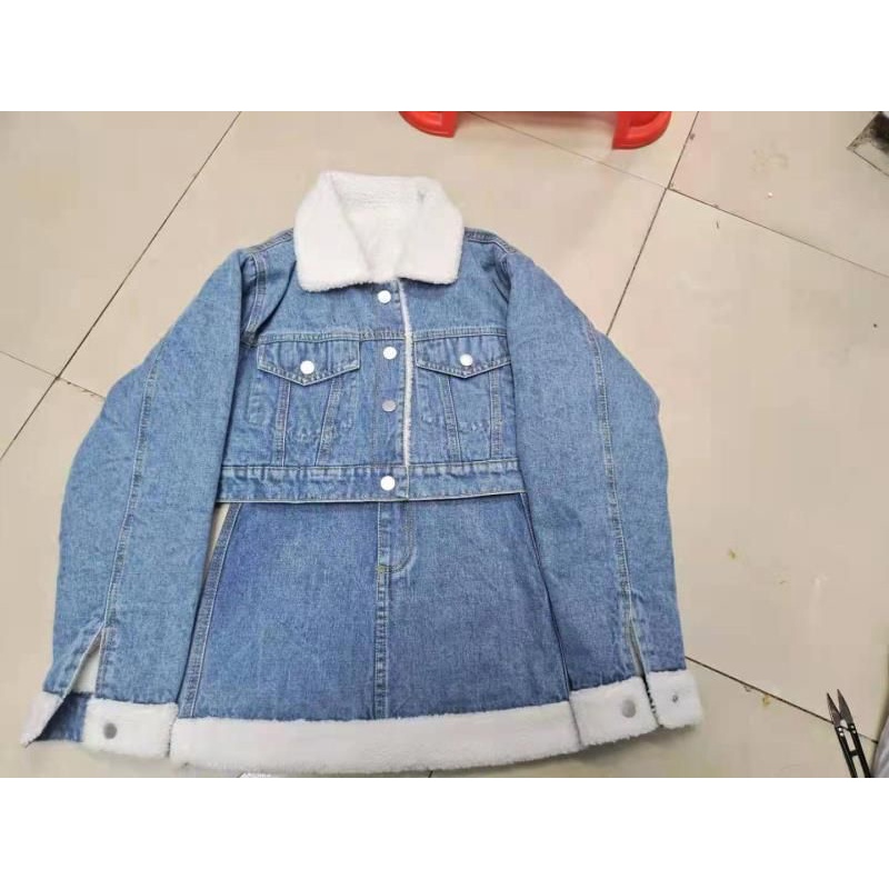 VIDEO-ẢNH THẬT Set Áo Khoác và Chân Váy Jeans Chần Bông