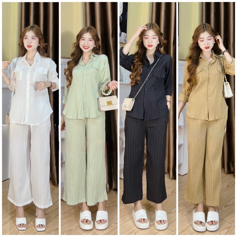 [Ảnh Thật/Hàng Sẵn] Set Sơ Mi Đũi Gân Basic Dáng Dài
