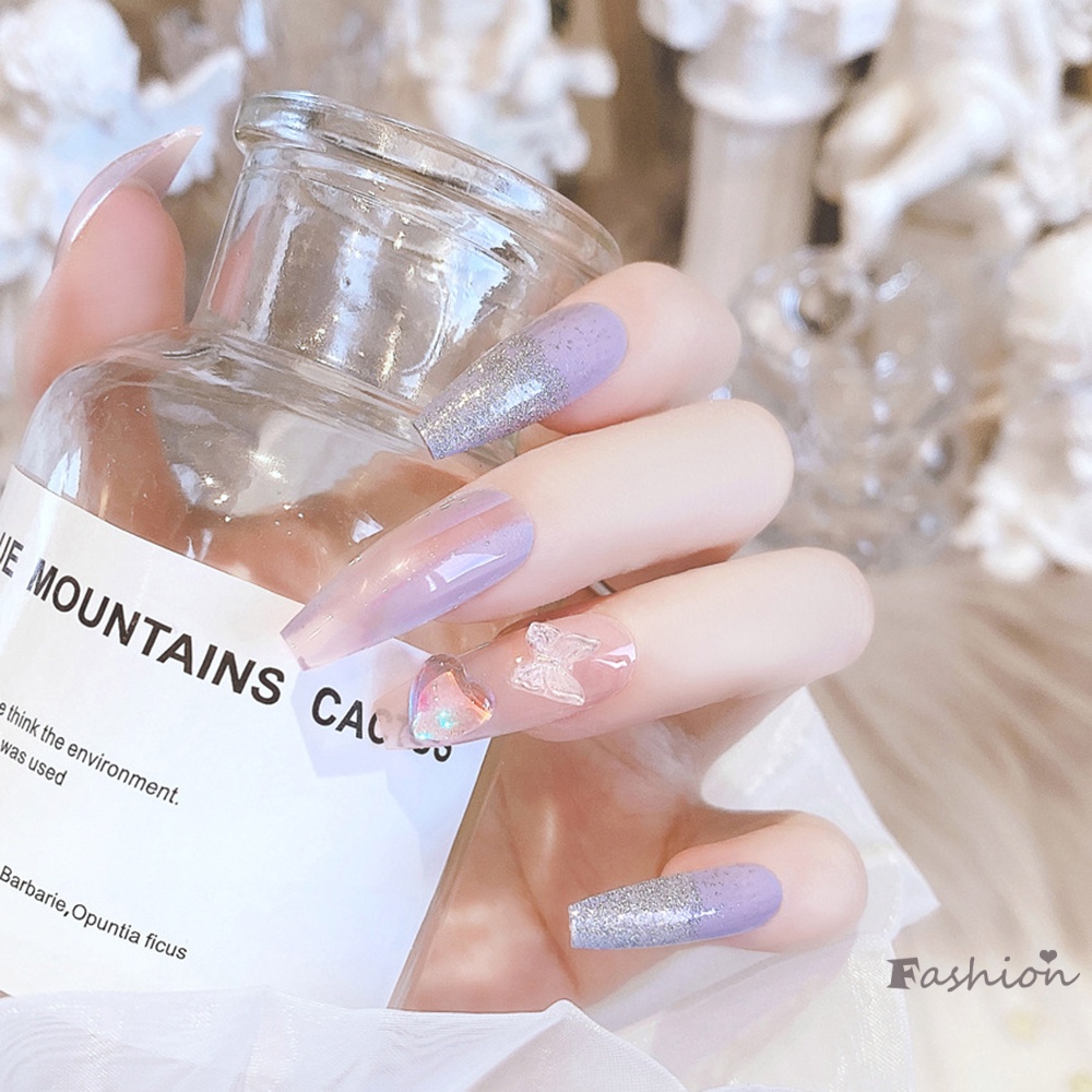 Bộ 24 Móng Tay Giả Hình Bướm Hồng Tím Cho Nữ