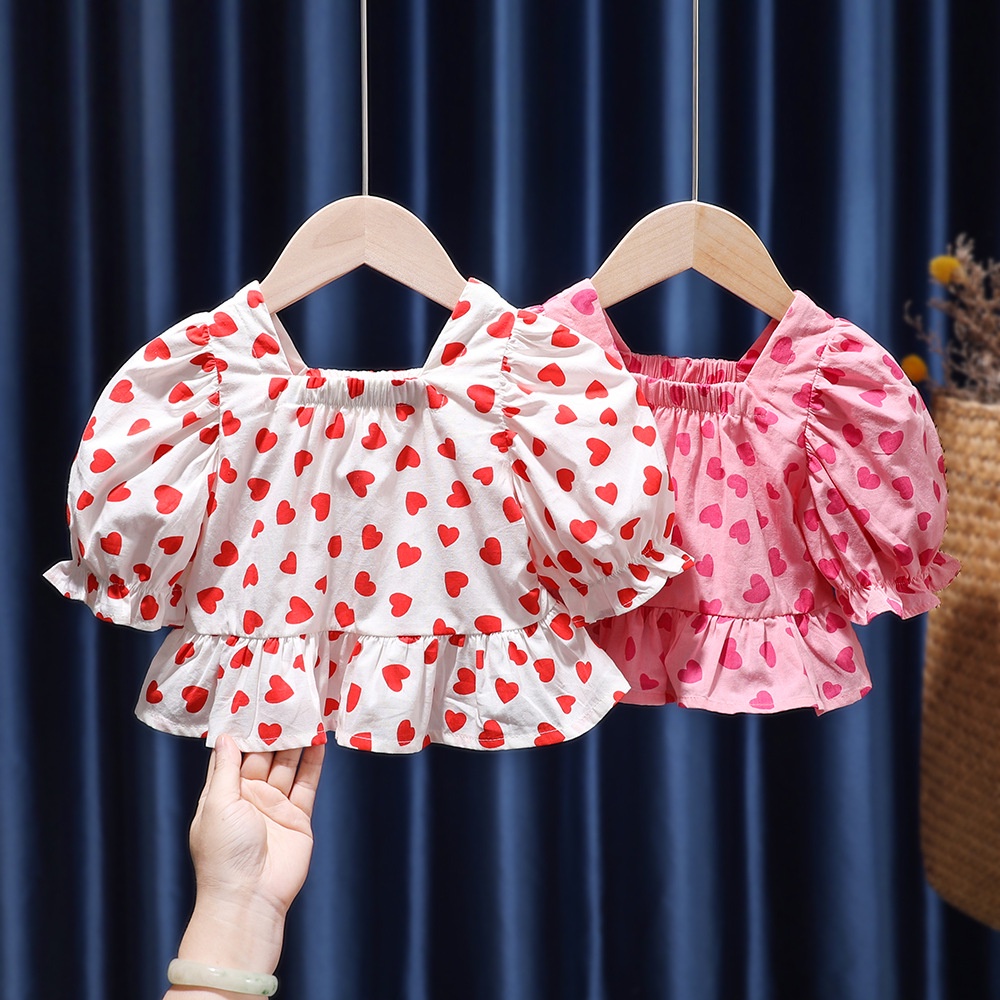 Áo Thun Cotton Tay Phồng In Họa Tiết Trái Tim Phong Cách Hàn Quốc Thời Trang Mùa Hè Cho Bé Gái