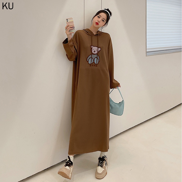 Đầm Thun Cotton Dài Qua Gối Dáng Suông Tay Dài Có Nón In Họa Tiết Thời Trang Thu Đông Kiểu Mới 2022