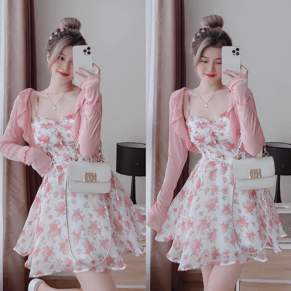 Set váy nữ hoa hồng nhí xinh xắn mix áo khoác ngoài siêu xinh dành cho các nàng yêu đi chơi hoặc hẹn hò
