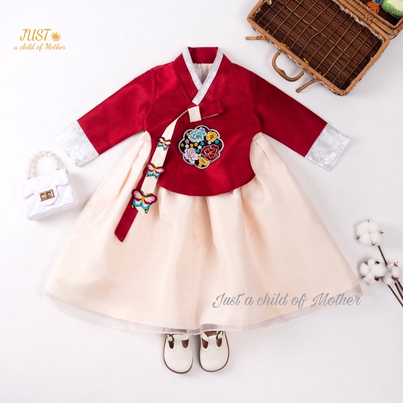 Váy Hanbok bé gái Kkoch Jasu, Hàn phục thêu hoa,Vải Tafta lụa phủ voan, dáng dài Size 1-10 tuổi