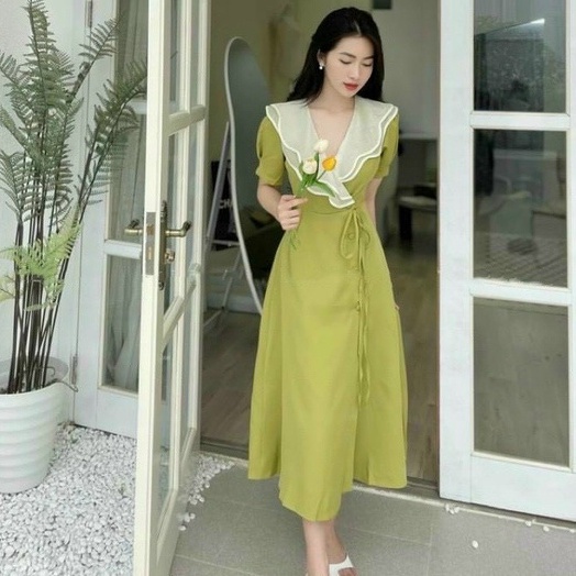 Đầm váy xòe nữ hàn quốc dự tiệc cưới,dạo phố,đầm thiết kế dáng dài cổ phối  bèo tằm ánh kim thời trang XM Minh Phúc