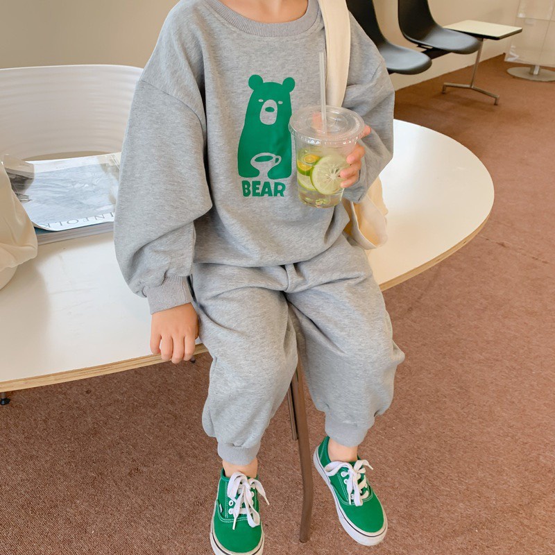 Bộ Quần Áo Nỉ Dài Tay Trẻ Em In Hình Gấu Bear Xanh Dễ Thương Cho Bé Từ 8-22kg Mã DT46