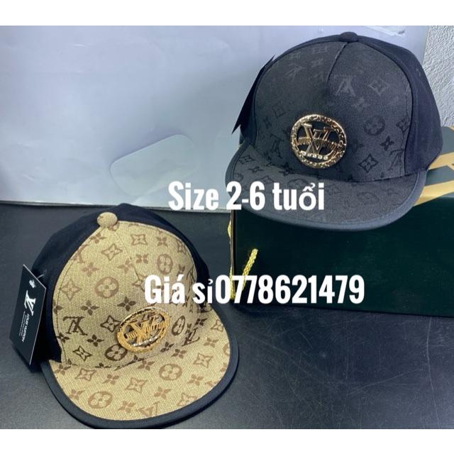 Nón hiphop trẻ em 2 - 6 tuổi kaki phối vải l v nhập - mũ lưỡi trai snapback dành cho bé trai gắn mạc sắt