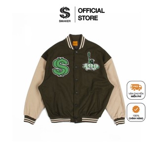 Áo khoác bomber cúc bấm local brand, chất liệu suede cao cấp unisex - "100" varsity jacket in olive