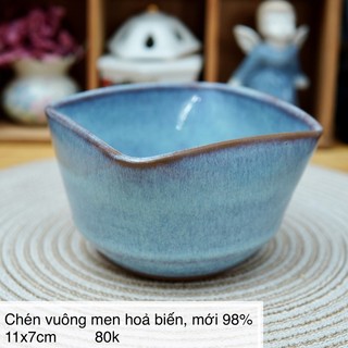 Chén vuông gốm mộc xanh men hoả biến - gốm sứ nhật bản
