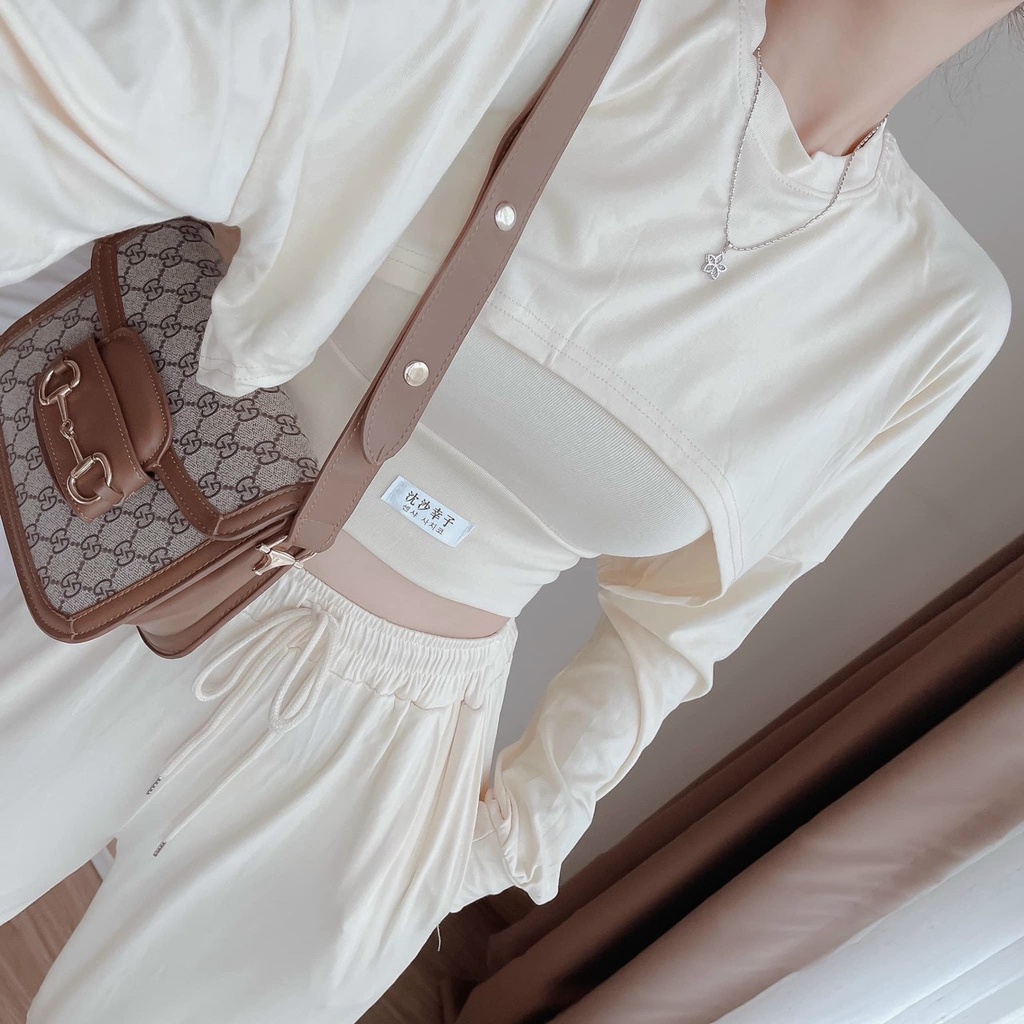 [10.10 Sales Freeship] Set bộ thể thao nữ quần dài 3 món, set áo tay dài croptop quần suông nhiều màu trẻ trung