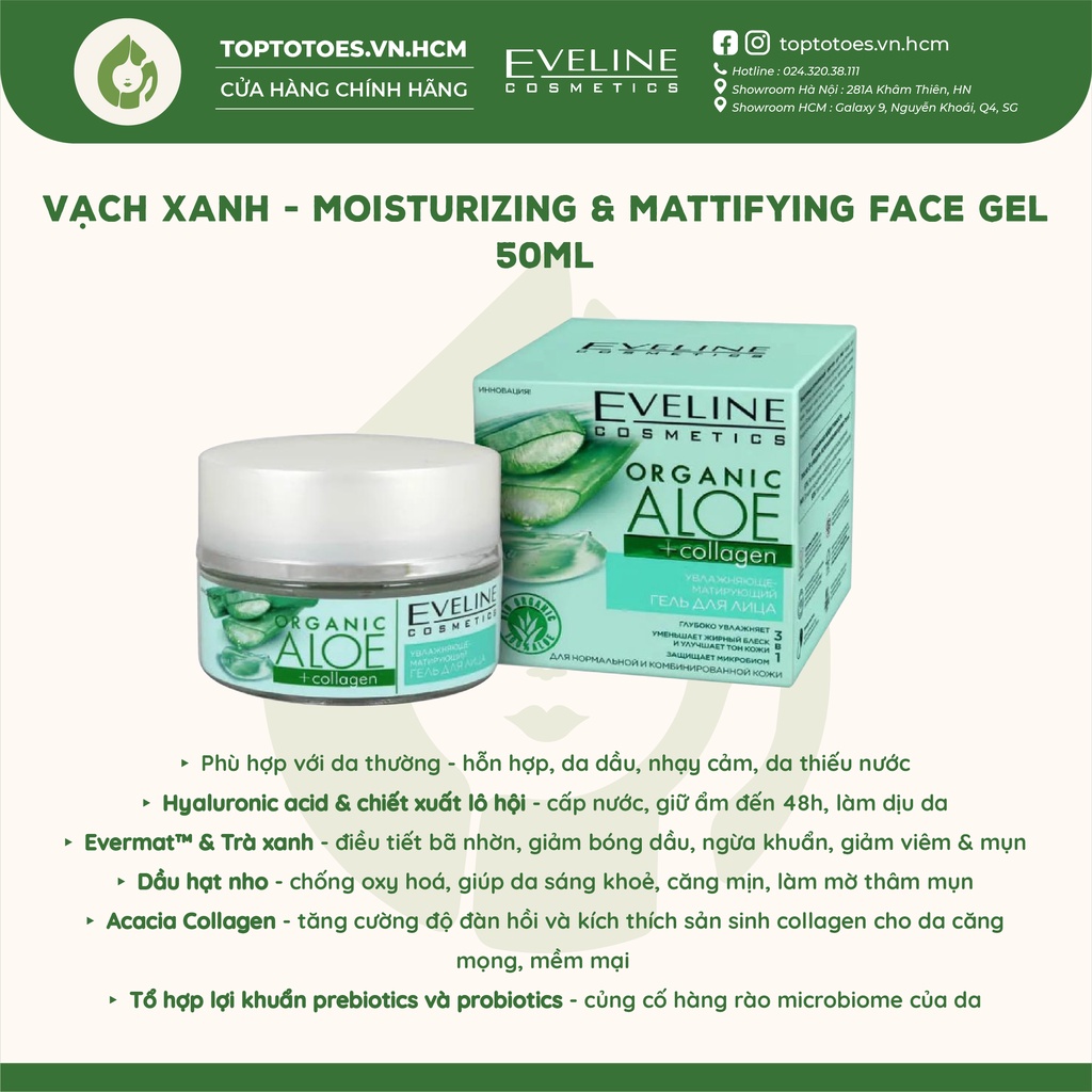 Gel dưỡng ẩm Eveline Organic Aloe + Collagen 3in1 cấp nước, làm dịu, phục hồi và trẻ hóa da 50ml