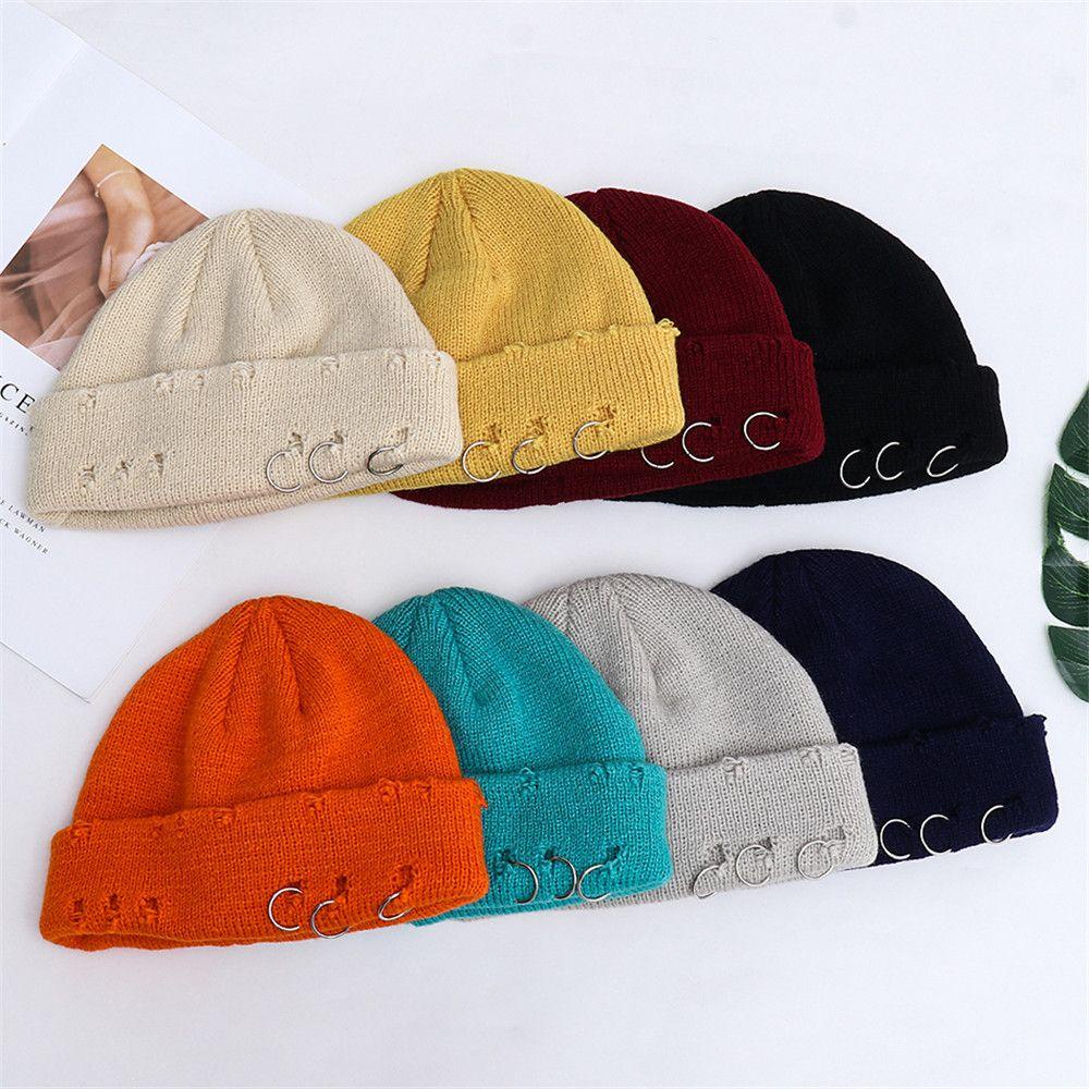 YOLA Yola Mũ Beanie Phối Vòng Kim Loại Hình Đầu Lâu Phong Cách Harajuku Phổ Biến Ấm Áp