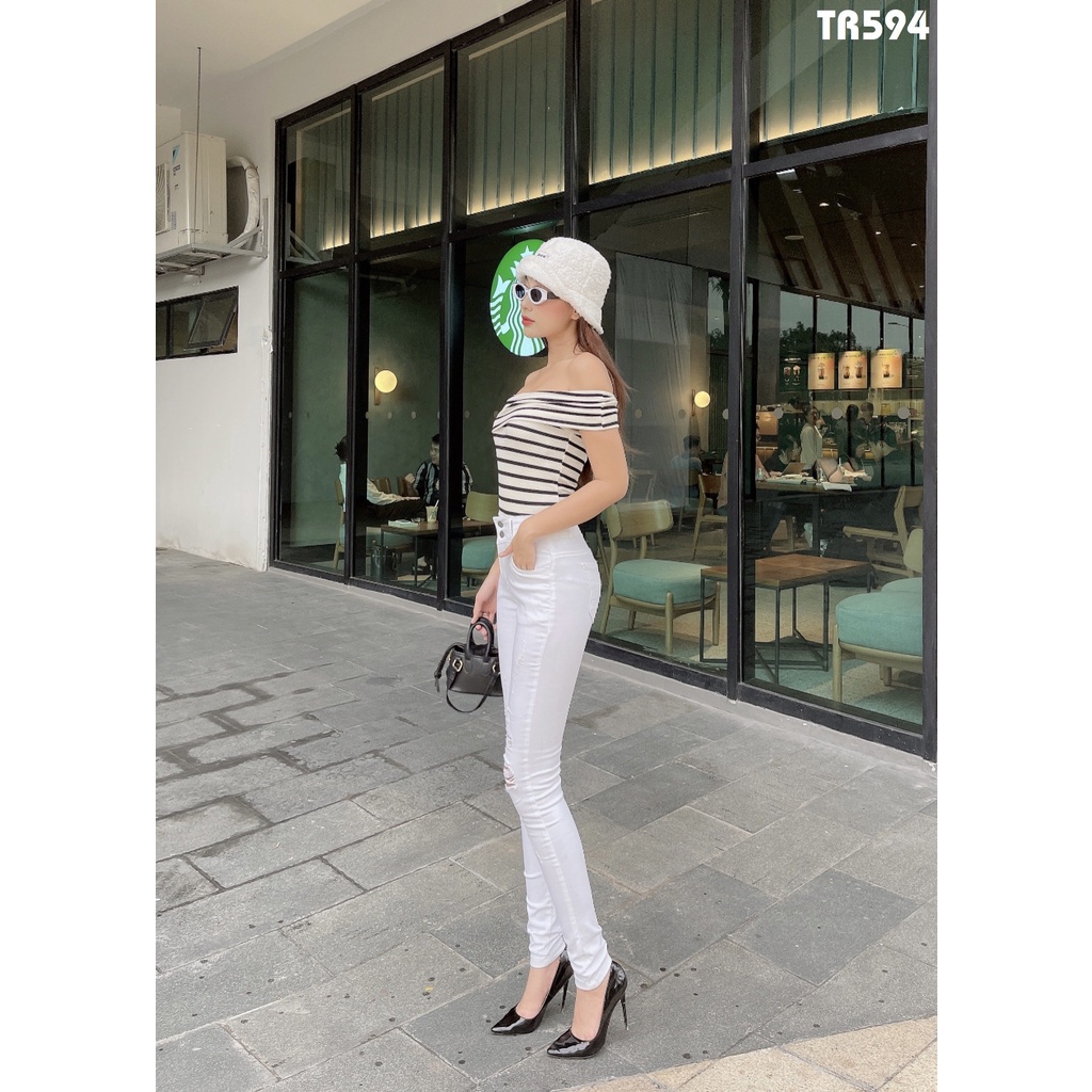 Quần jean nữ lưng cao 2 nút trắng co giãn dày dặn Tr594