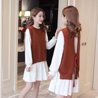 Set áo len tay dài + đầm yếm dáng rộng thời trang thu đông cho mẹ bầu