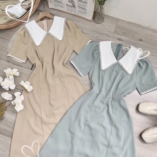 Đầm Midi Nữ Cổ Sen Bèo Ren Đơn Giản Có 2 Màu Đủ Size