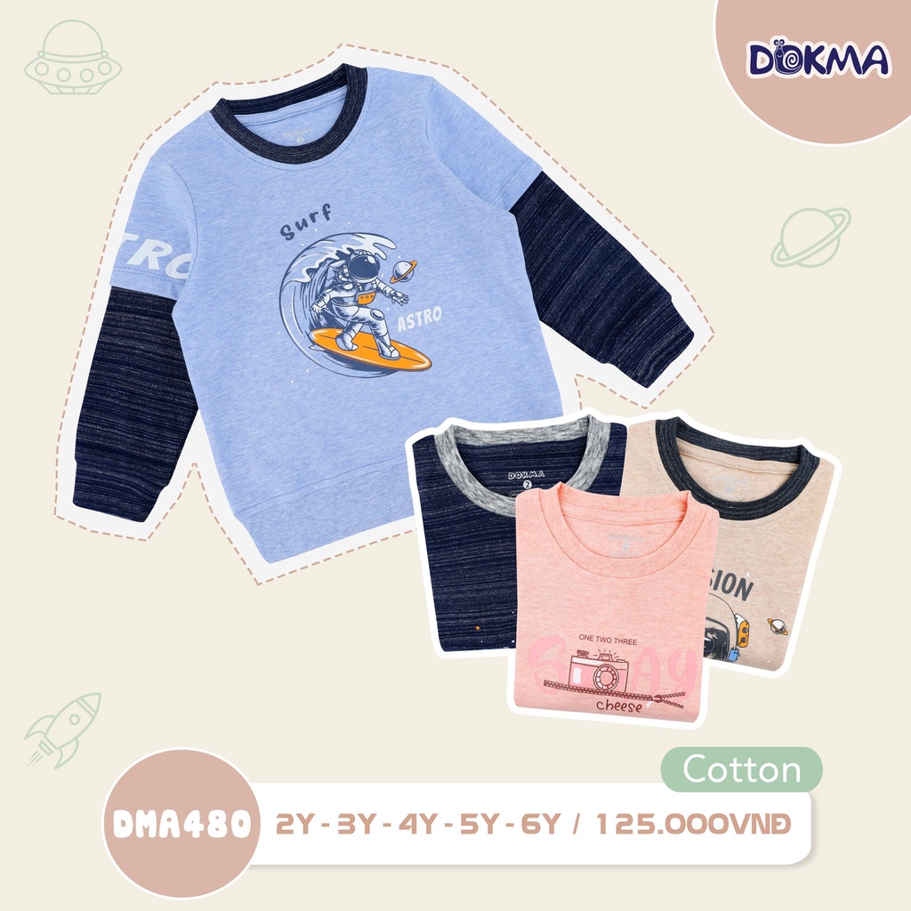 Áo cổ tròn dài tay Dokma chất cotton dày dặn, mềm mịn cho bé size 2-6Y