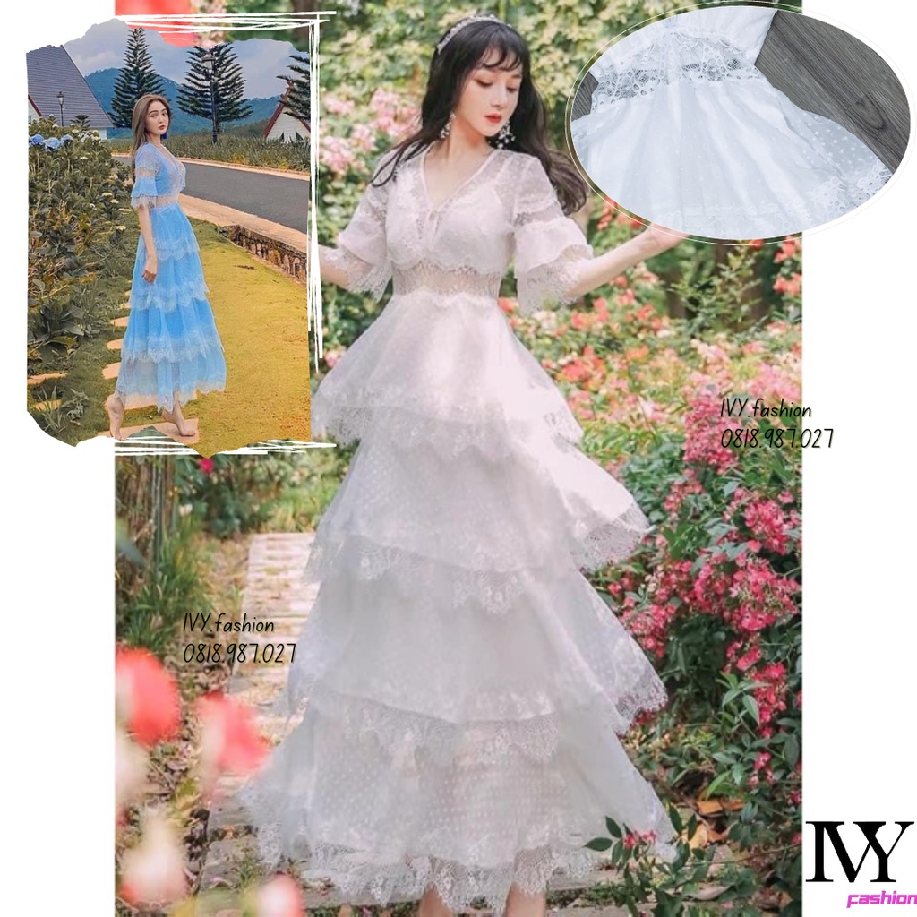 Đầm váy Maxi 🔥voan chấm bi phối ren🔥 xoè tầng tay dài cổ V khoét eo xanh trắng đi biển dự tiệc dạo phố bigsize gợi cảm s