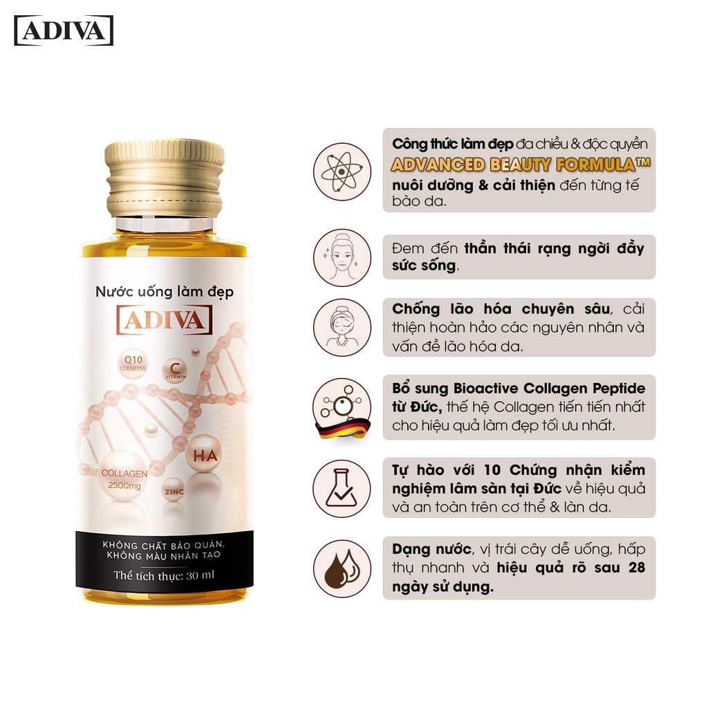 Combo 4 Hộp Nước Uống Làm Đẹp Collagen ADIVA (14 Chai/Hộp)- Giúp Làn Da Săn Chắc, Ảm Mịn Và Căng Bóng