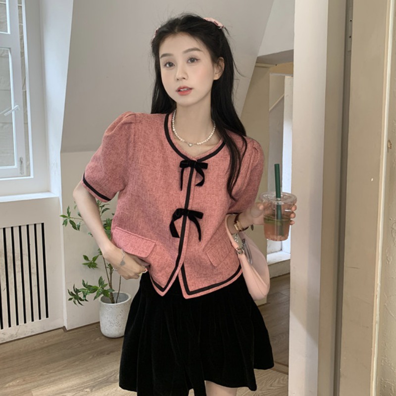 Áo Sơ Mi Chiffon Ngắn Dáng Ôm Tay Phồng Đính Nơ Kiểu Chanel Thời Trang Mùa Hè 2022 Cho Bạn Gái