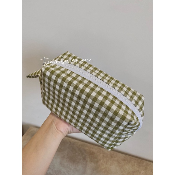 Hộp bút, túi bút, bóp viết, túi mỹ phẩm caro xanh rêu nhạt
