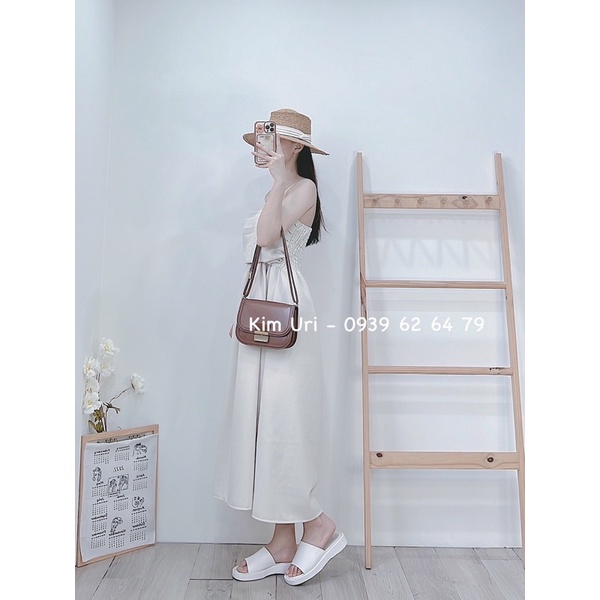 [Sẵn] Đầm 2 dây xếp ngực nhúng thun lưng dáng maxi xoè kèm áo khoác gân tay dài