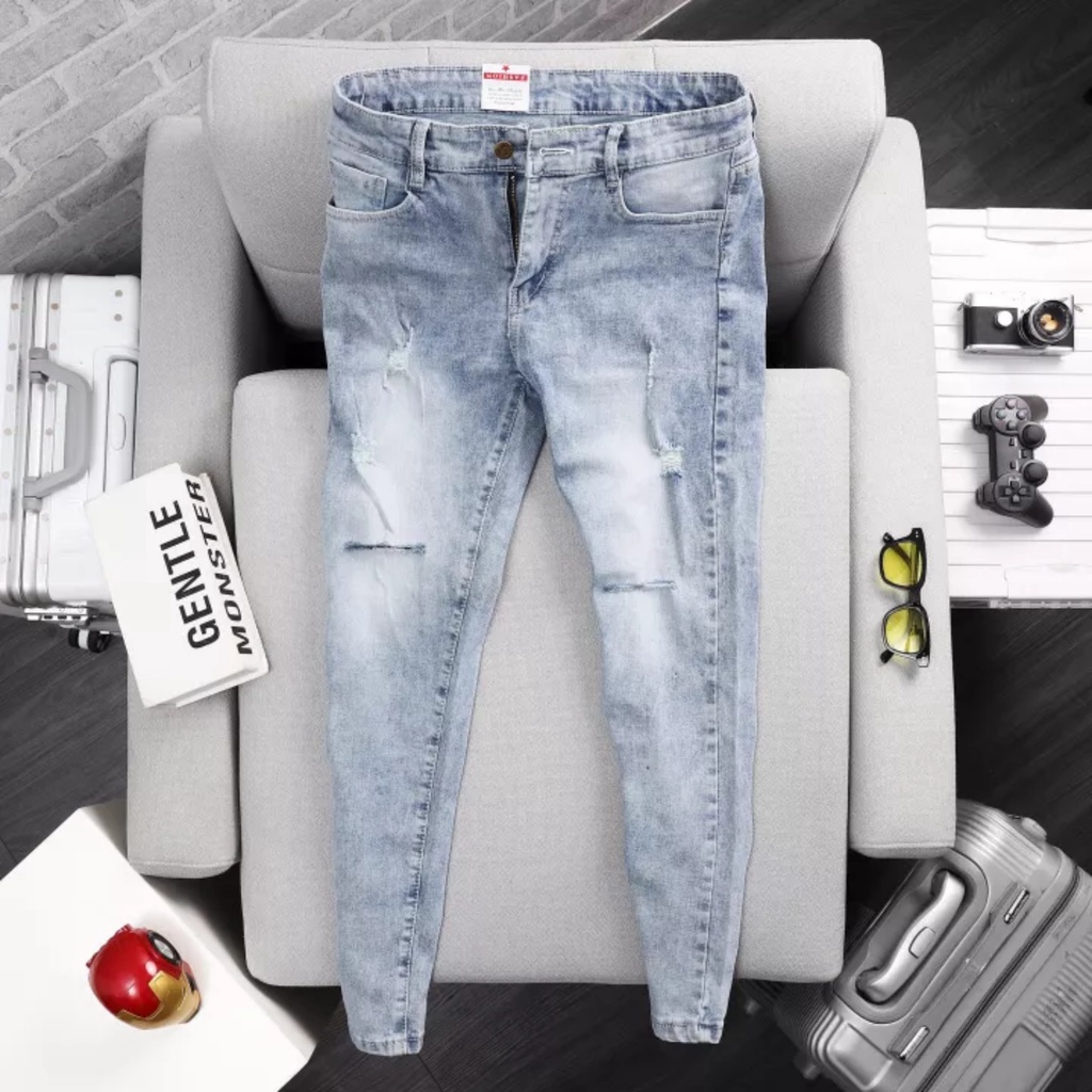 Quần bò rách gối nam co giãn tốt màu ghi mài xước slimfit skinny dáng ôm đẹp giá rẻ 1991 Pon.mens