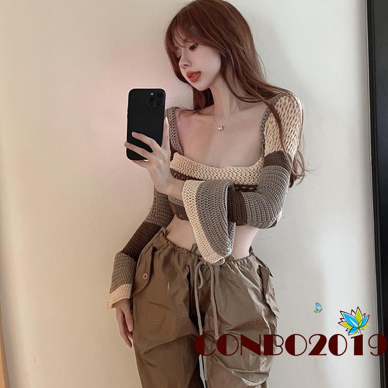 Áo Thun Tay Dài Dệt Kim Màu Sắc Tương Phản Thời Trang Dành Cho Nữ