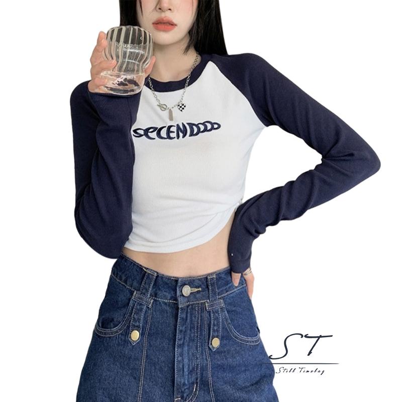 Áo Thun Croptop Dệt Kim Tay Dài Cổ Tròn In Chữ Màu Sắc Thời Trang Đường Phố Cho Nữ CY03