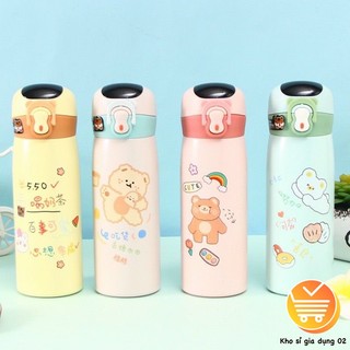 Bình giữ nhiệt nắp thiên nga 500ml hiển thị nhiệt độ có ống hút, Bình giữ nhiệt có in nhiều hình dễ thương