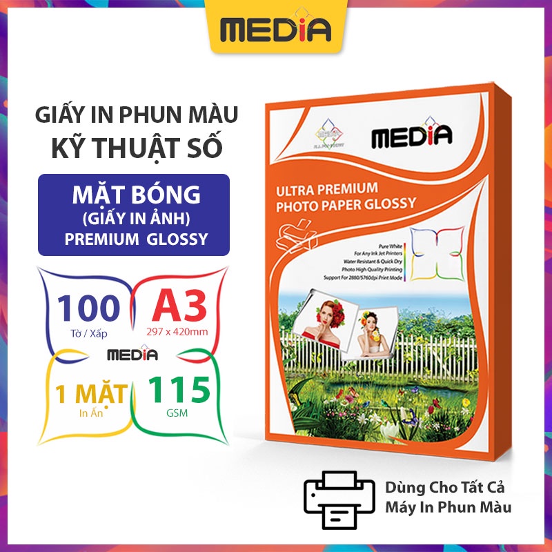 Giấy In Ảnh Media 1 Mặt Bóng A3 115gsm 100 Tờ