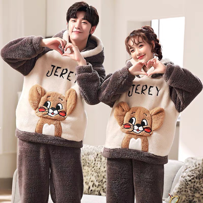 Bộ ngủ bông MET đồ ngủ nữ dài tay thu đông, thêu hoạ tiết Jerry chất lông nhung mềm mịn 2 mặt, pijama đôi