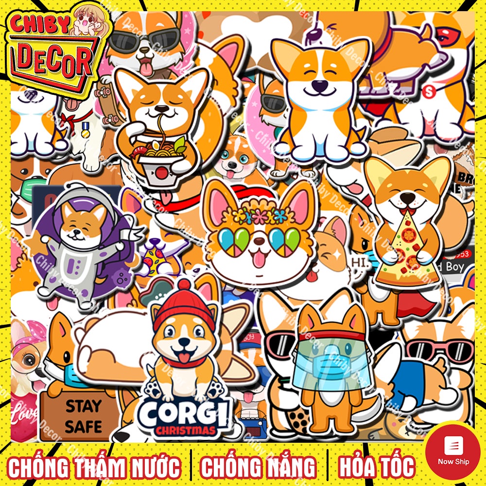 Sticker Chó Corgi Dễ Thương 🌈 Decal Chống Thấm Nước, Bền Màu, Nhãn Dán Mũ Bảo Hiểm, Đàn Guitar, Laptop, Vali, Điện Thoại