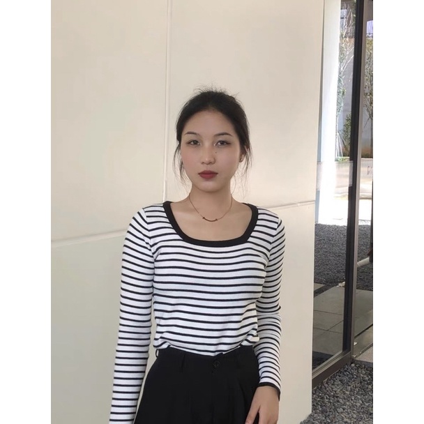 Áo len kẻ cổ vuông basic