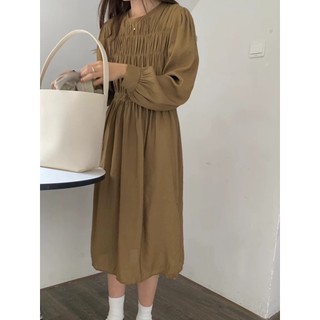 Váy dài tay rúm ngực CHALIN dáng liền nhẹ nhàng nàng thơ V-9630
