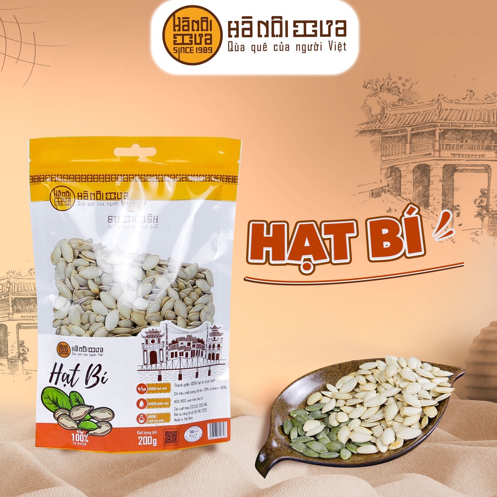 Hạt bí xanh Hà Nội Xưa chưa tách vỏ thơm ngậy, hạt mẩy giòn ăn vặt giàu dinh dưỡng - gói 200g