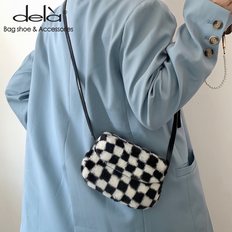 Dela Túi Đeo Chéo Một Bên Vai Bằng Len Nhỏ Nhắn Họa Tiết Kẻ Sọc Đen Trắng Thời Trang Thu Đông Đơn Giản Dành Cho Bạn Nữ