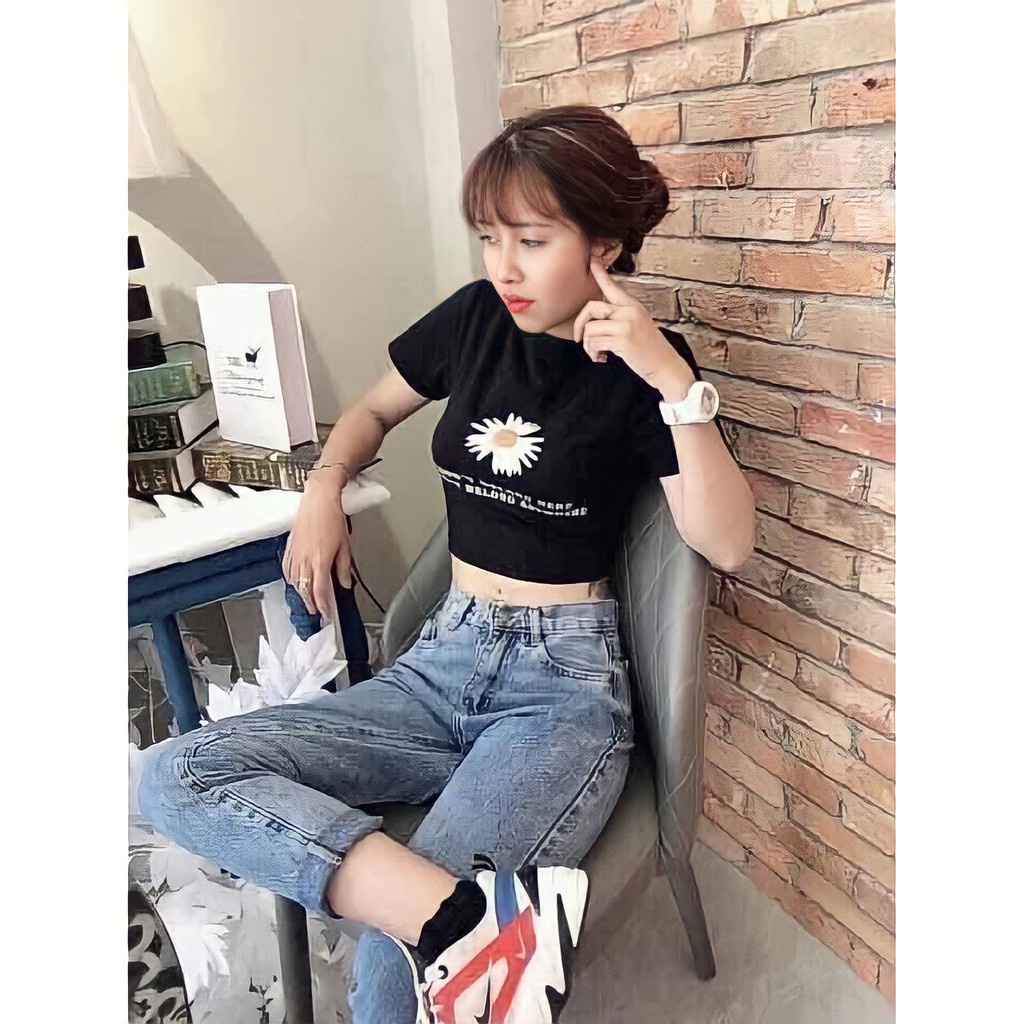 Áo thun crt A052 ôm tay ngắn kiểu dáng basic dày dặn đen trắng hoa cúc Phông croptop tay ngắn thể thao nữ tập Gym Yoga