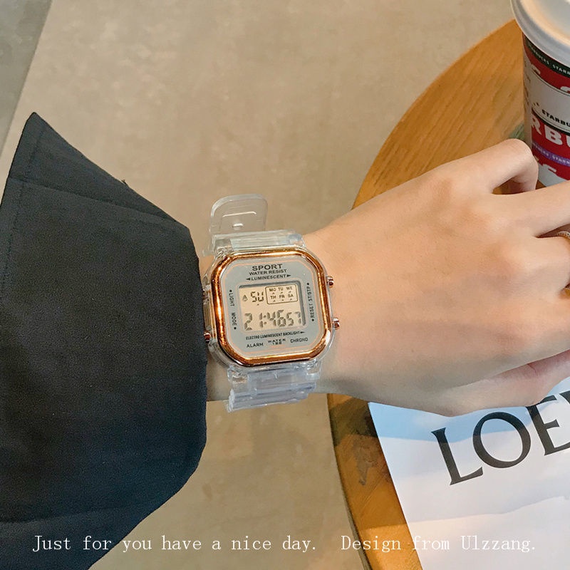 Đồng Hồ Điện Tử Trong Suốt Hình Vuông Nhỏ Phong Cách Mori Hàn Quốc Cao Cấp Dễ Phối Đồ